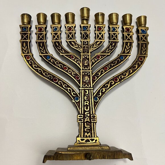 Vintage 1960s Israeli Brass Enamel Menorah-9 Branch Jerusalem Judaica-Ha 6.5"H - Picture 8 of 15
